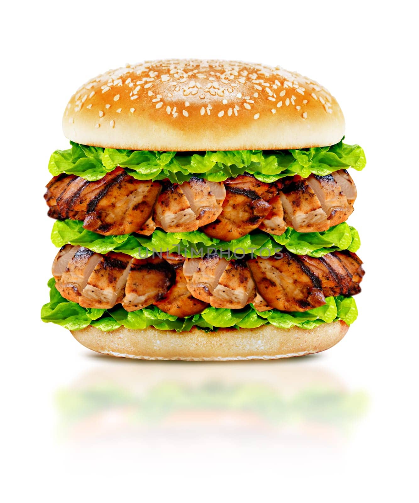 Delicious chicken burger with beef, tomato, cheese and lettuce on white background with clipping path.
