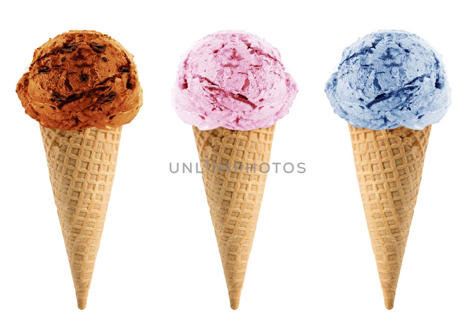 Blackberry, strawberry and chocolate Ice cream in the cone on white background with clipping path.