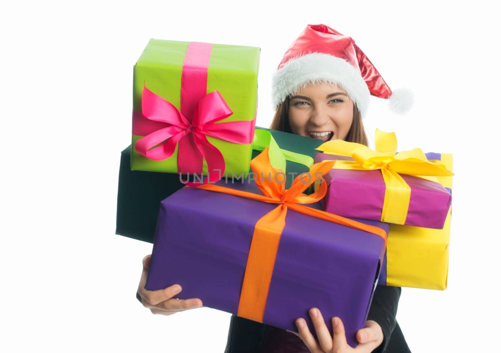 Christmas girl holds gifts