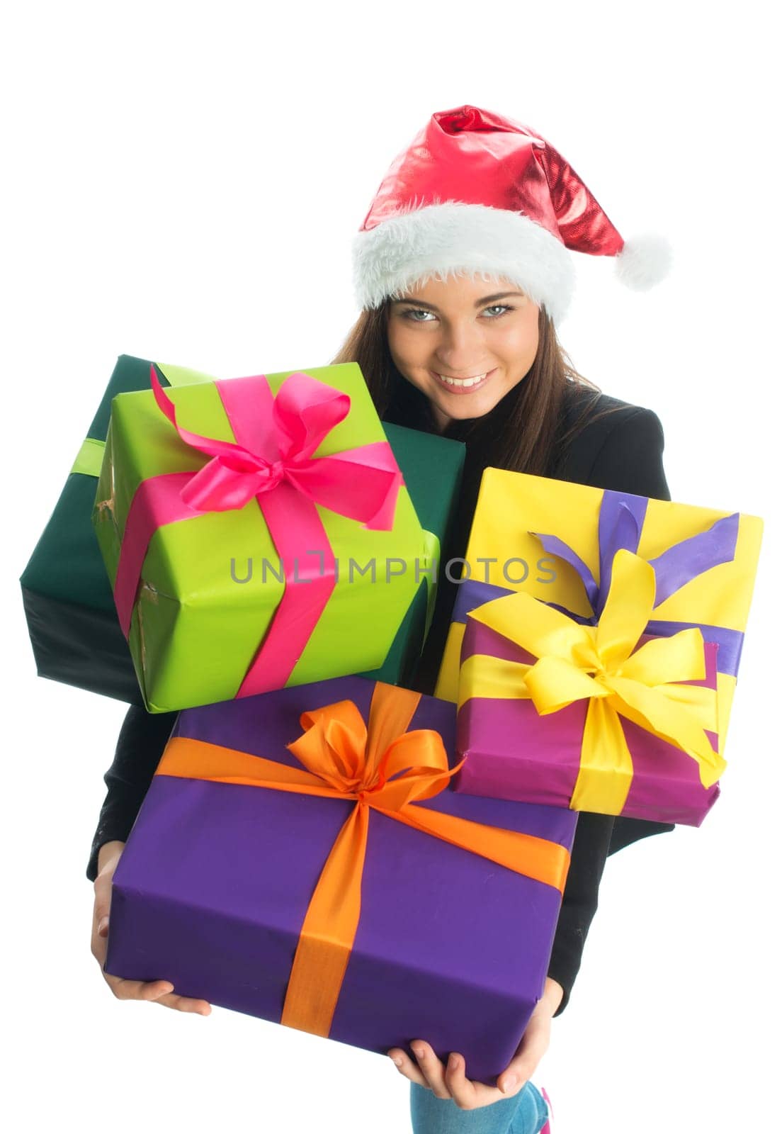 Christmas girl holds gifts