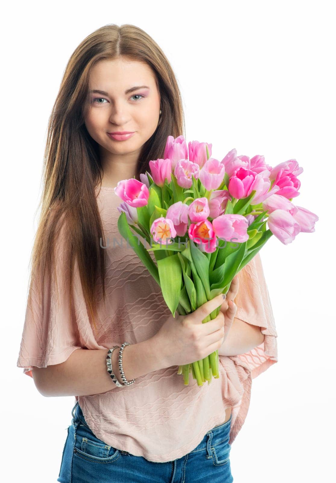 Young girl with tulip bouquet