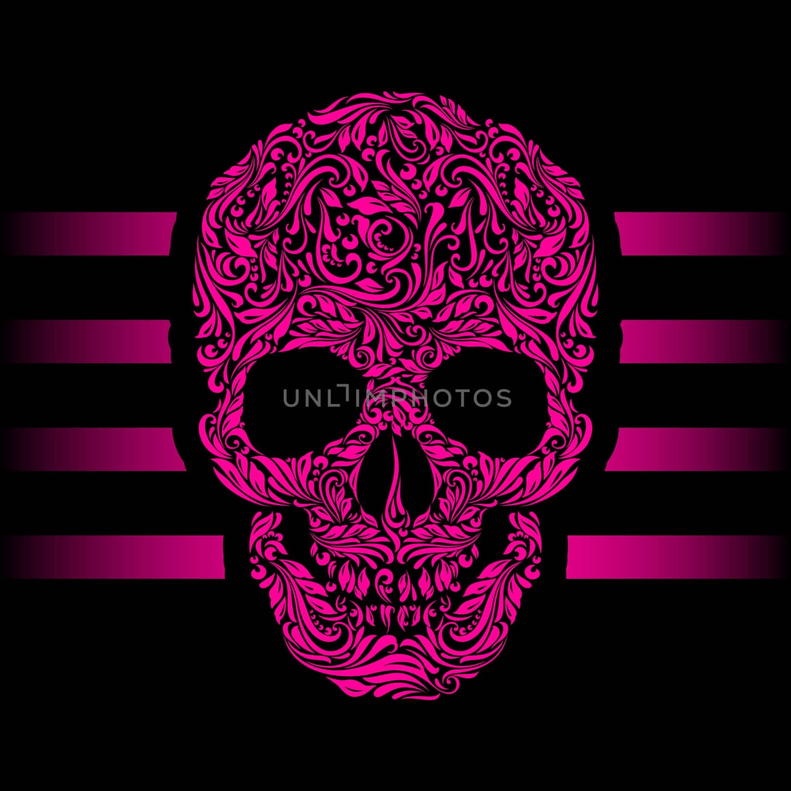Floral pattern of form pink skull. Pink stripes. Emo