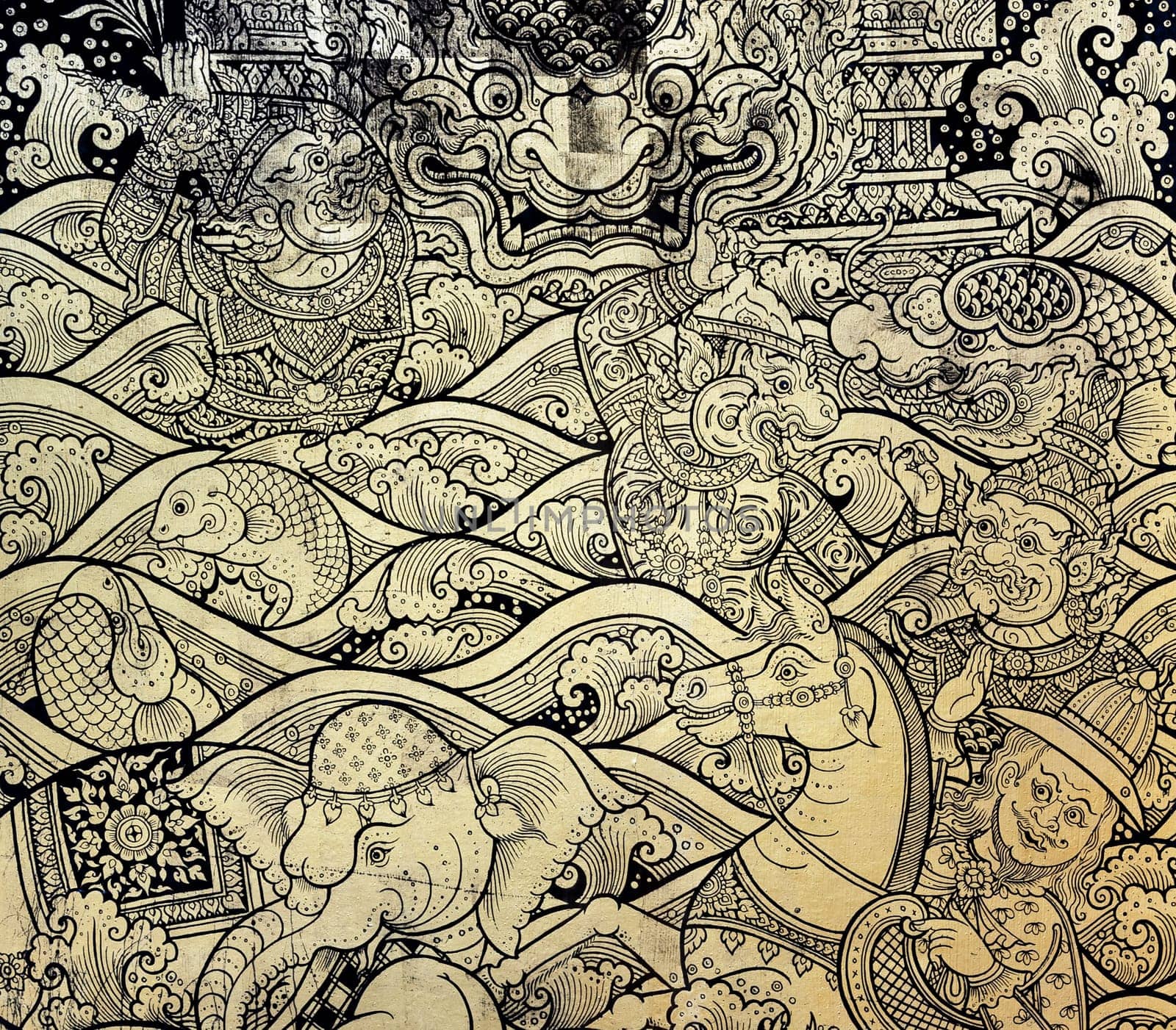 Ancient Thai gold leaf painting art