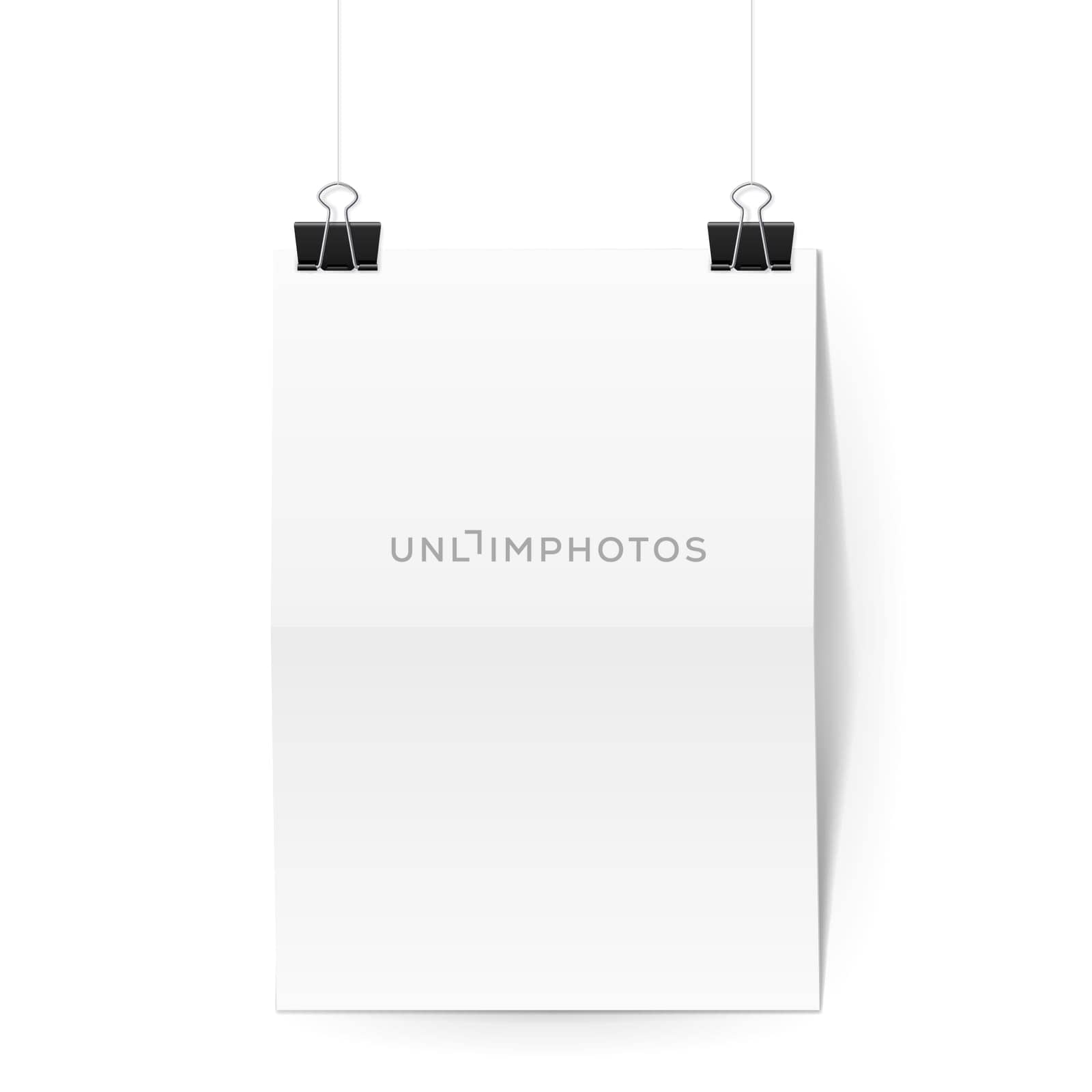 Sheet of paper folded in two hangs on two black binder clips