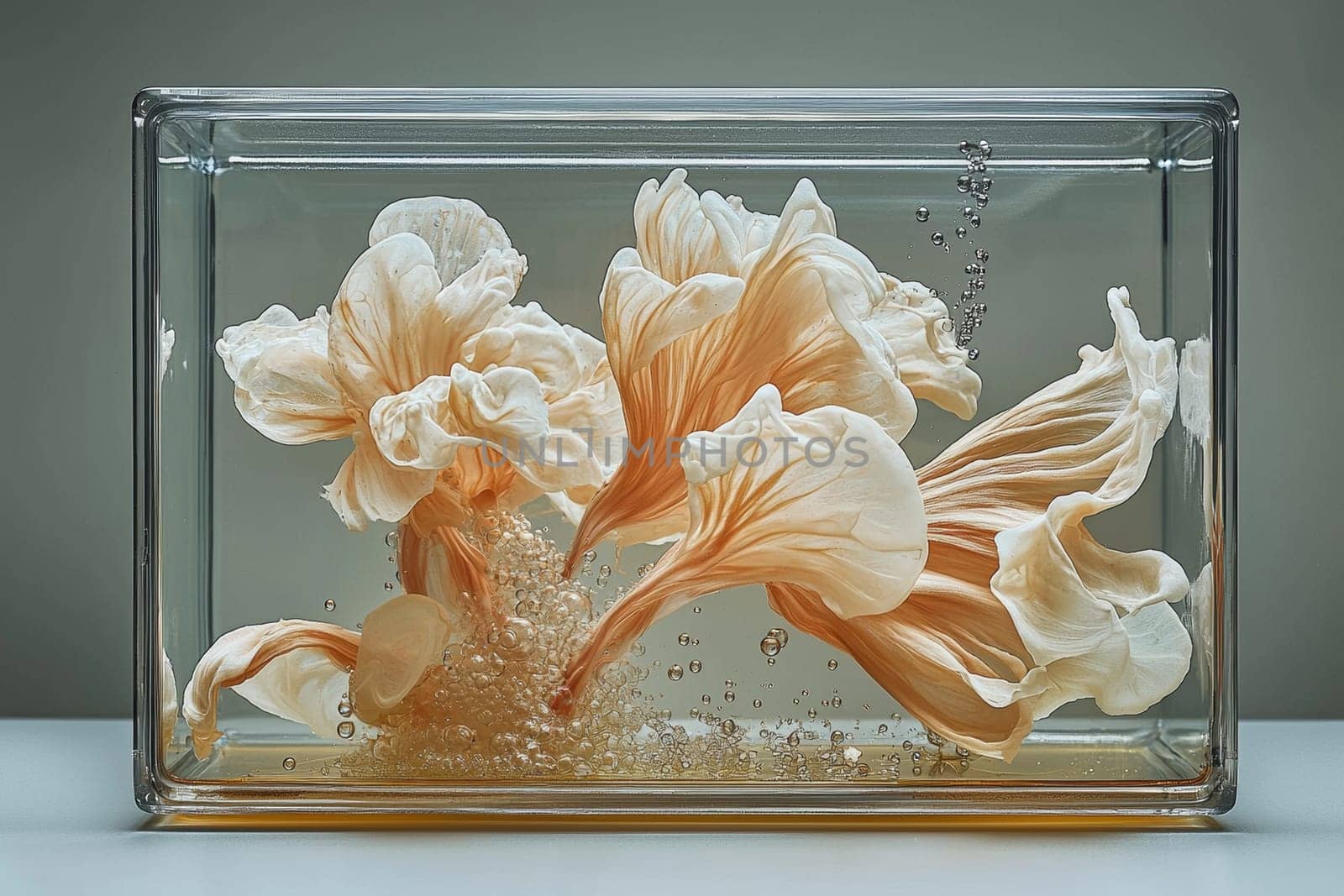 Soft, pale flowers with flowing petals are submerged in a clear liquid, showcasing a delicate balance of nature and artistry.