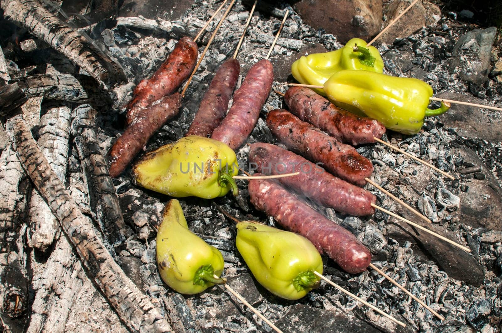 Raw sausages and peppers preparing on hot fireplace wood embers during picnic in forest meadow