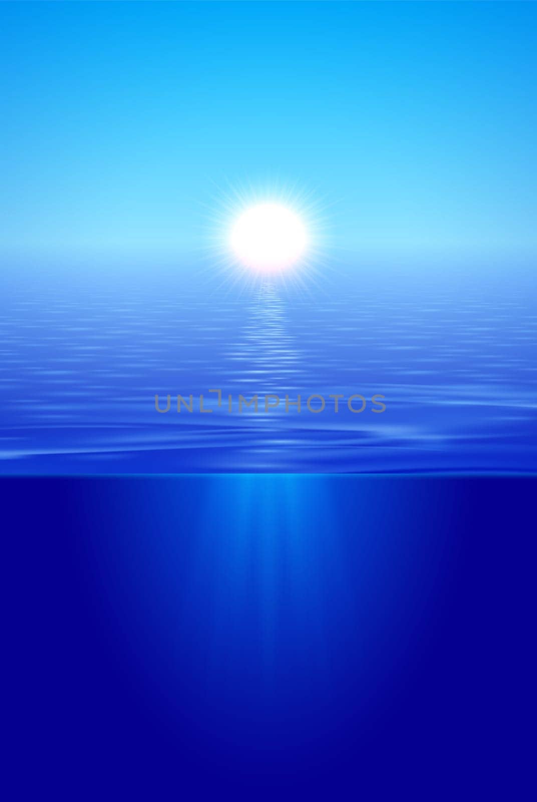 Sunshine over calm water, sun beams under surface, split view