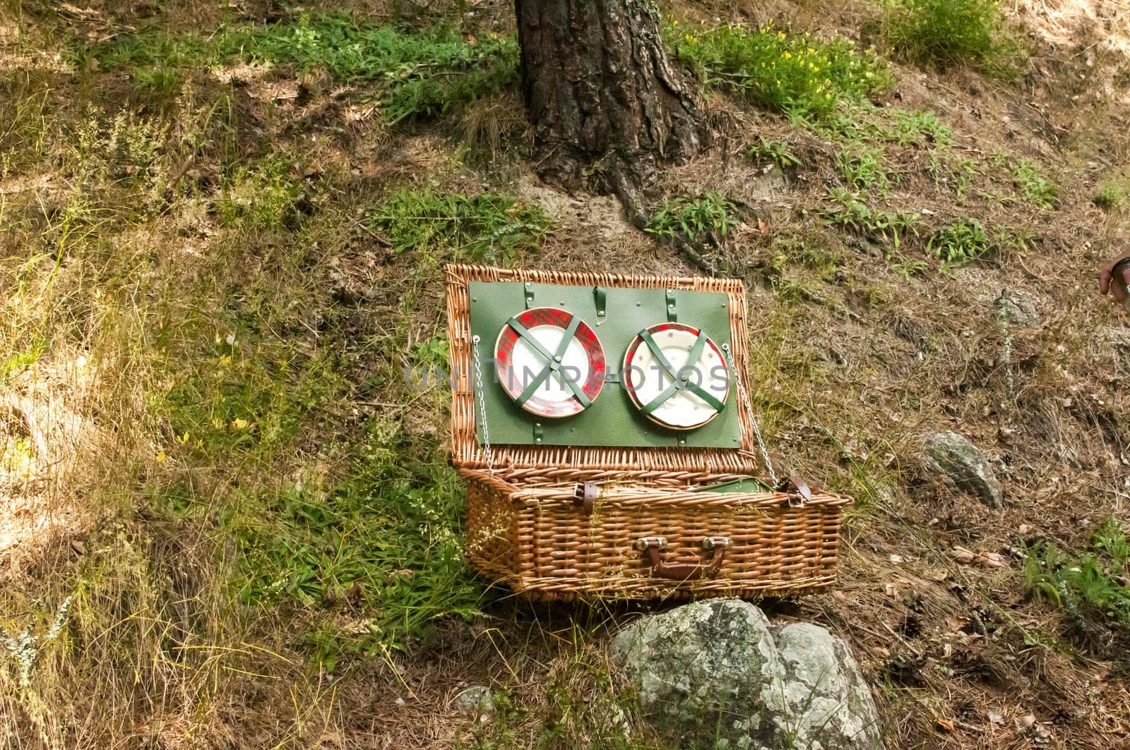 Vintage wicker picnic suitcase on mountain meadow background