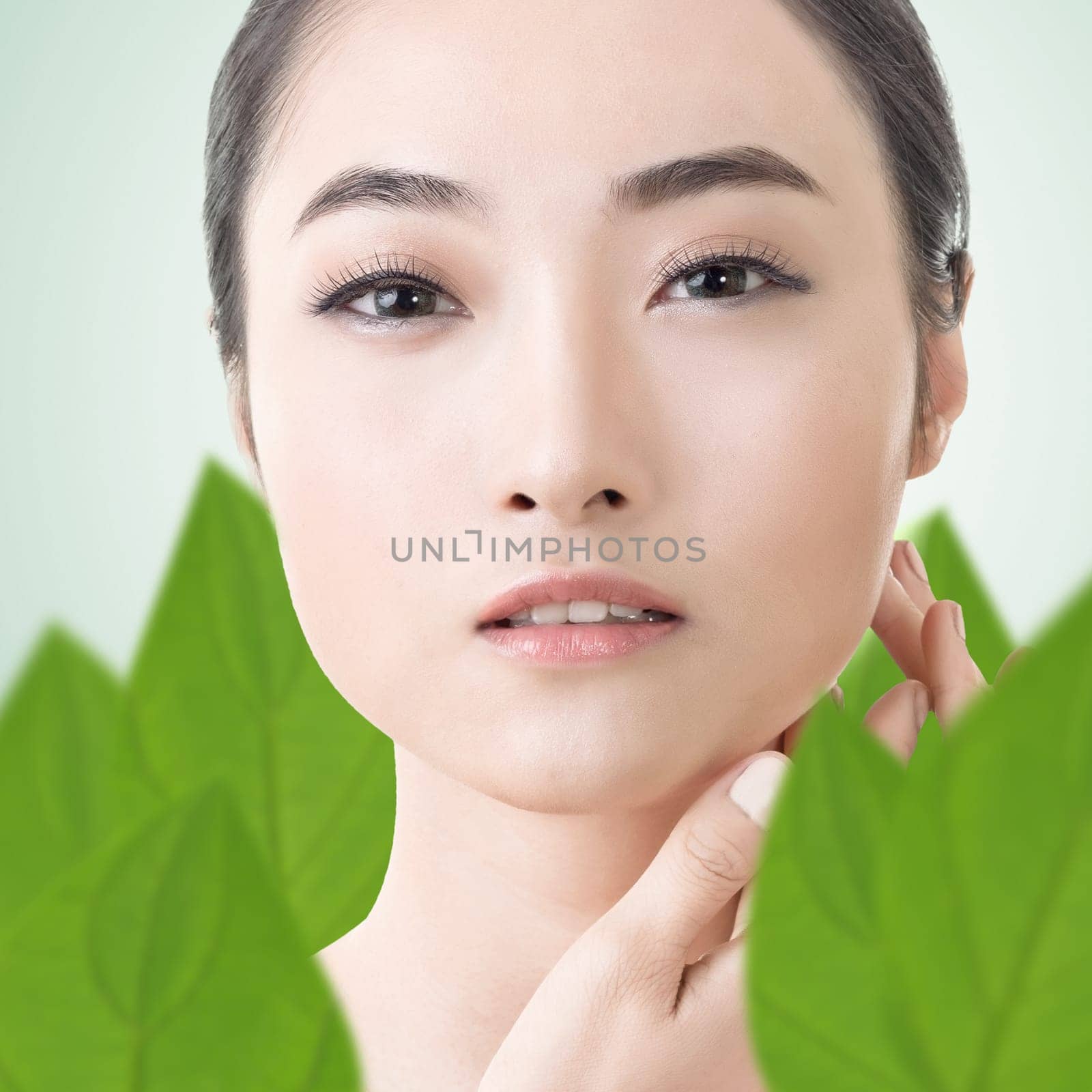 Asian beauty face closeup portrait with clean and fresh elegant lady.