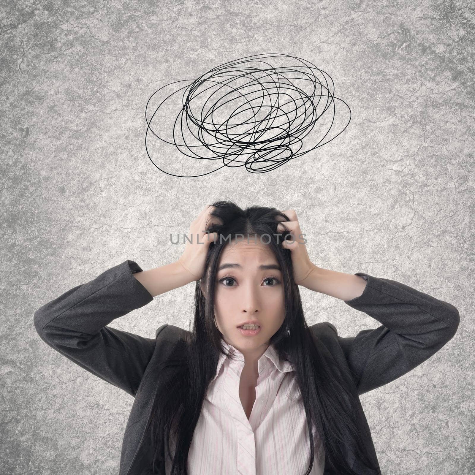 Confused Asian business woman. Photo compilation with hand drawn background.