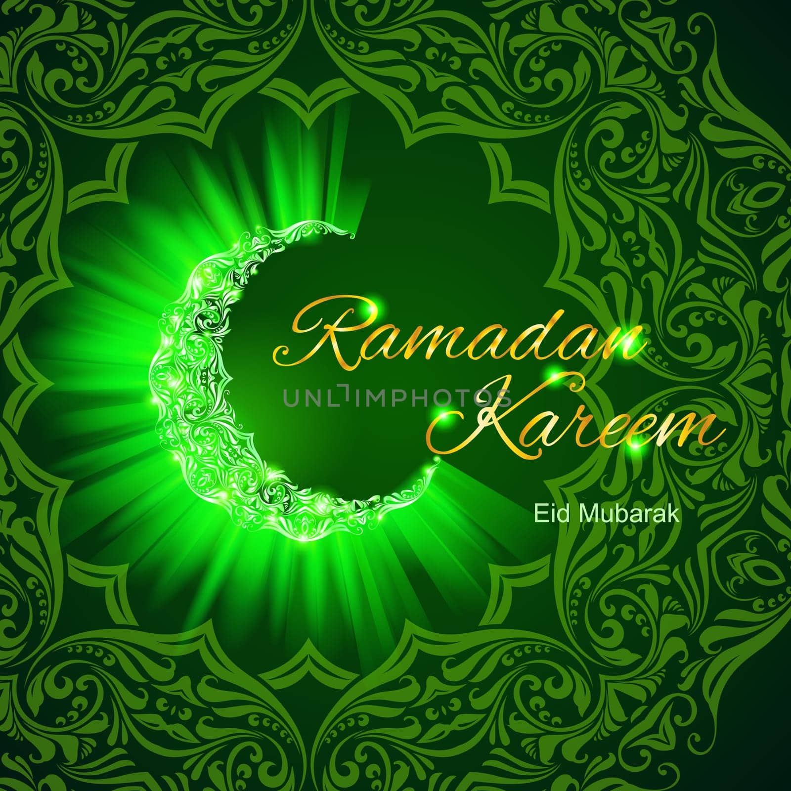 Glowing ornate crescent with bright flare and radiance in vibrant shades. Greeting card of holy Muslim month Ramadan