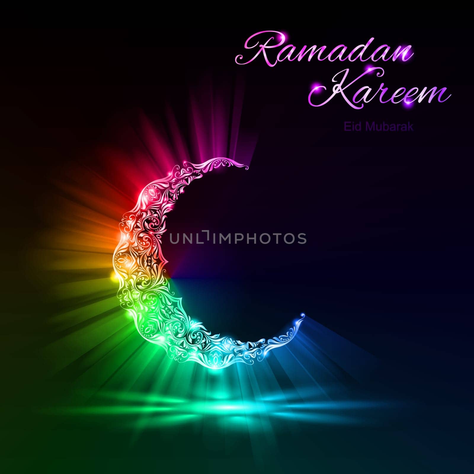 Glowing Moon Crescent with bright flare and radiance in spectral colors . Greeting card of holy Muslim month Ramadan