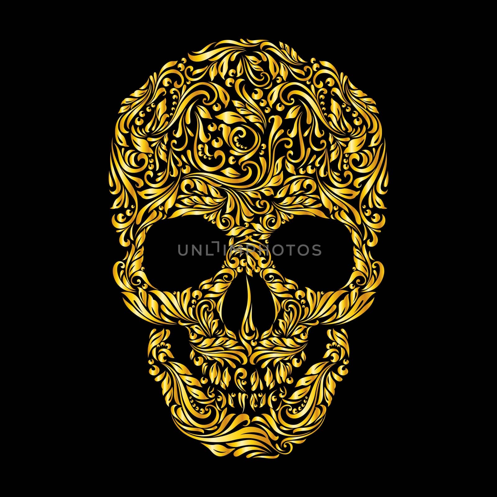 Floral gold  pattern of form skull on the black background