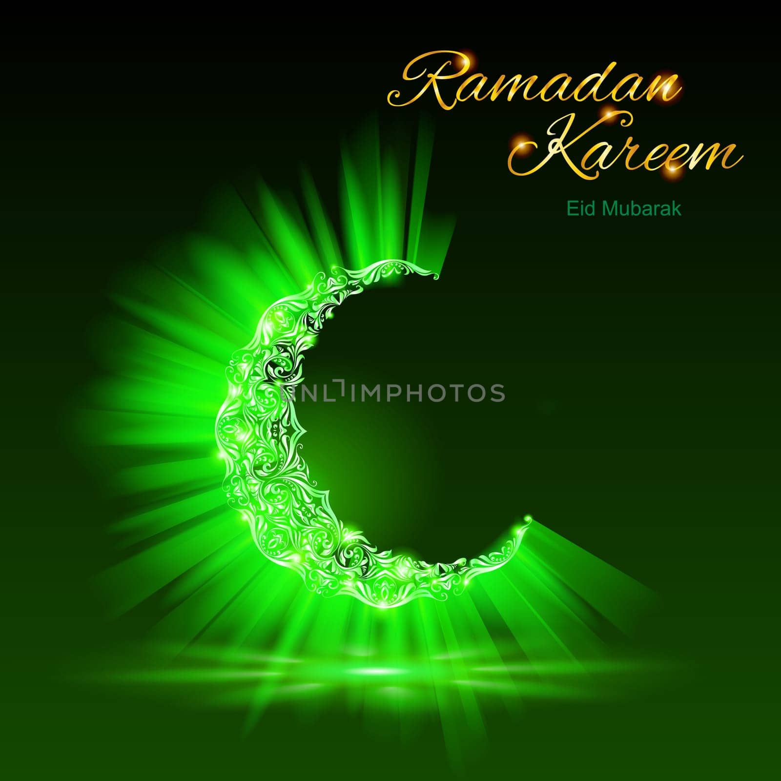 Glowing ornate crescent with bright flare and radiance in brilliant green shades. Greeting card of holy Muslim month Ramadan