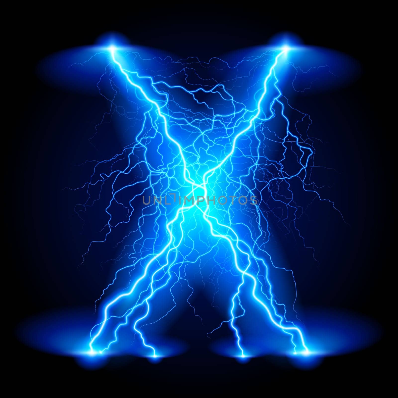 Criss-cross lines of branchy bright blue lightning.