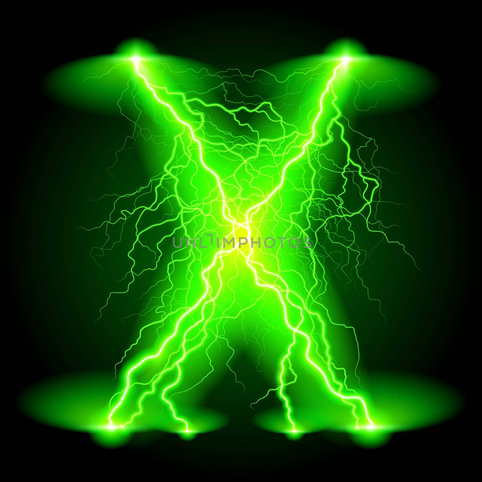 Criss-cross lines of branchy bright green lightning.