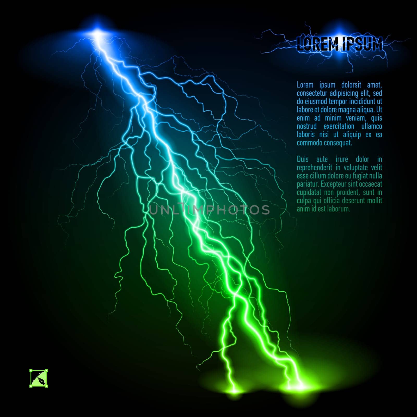 Green and blue oblique branchy lightning line. Illustration with space for text