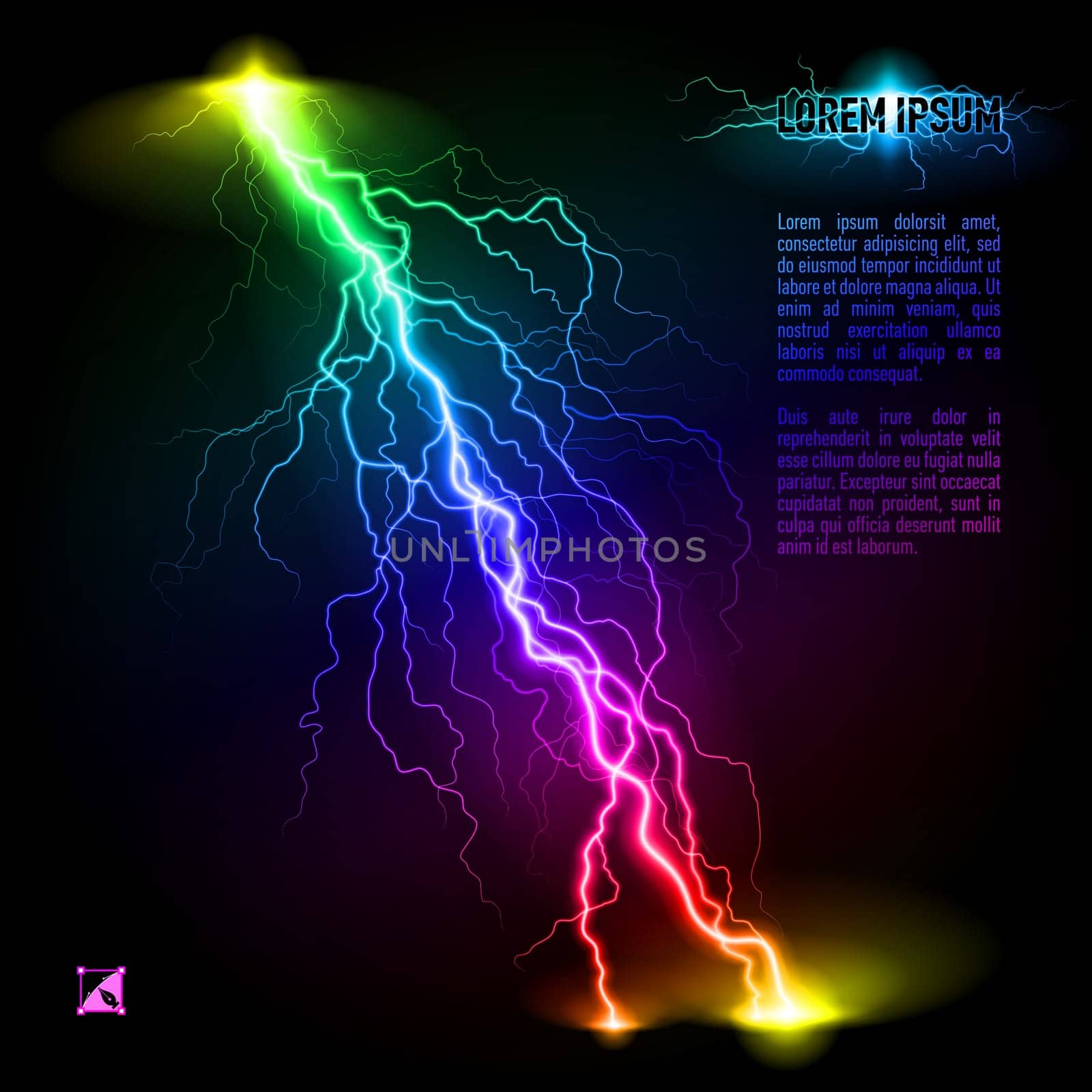 Colourful oblique branchy lightning line. Illustration with space for text