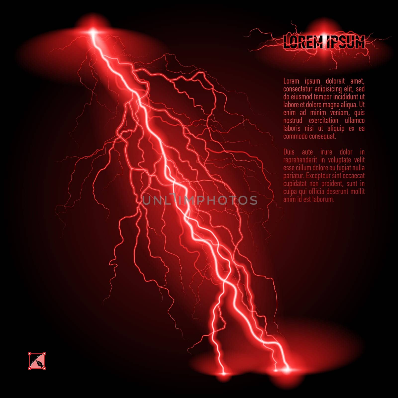 Red oblique branchy lightning line. Illustration with space for text