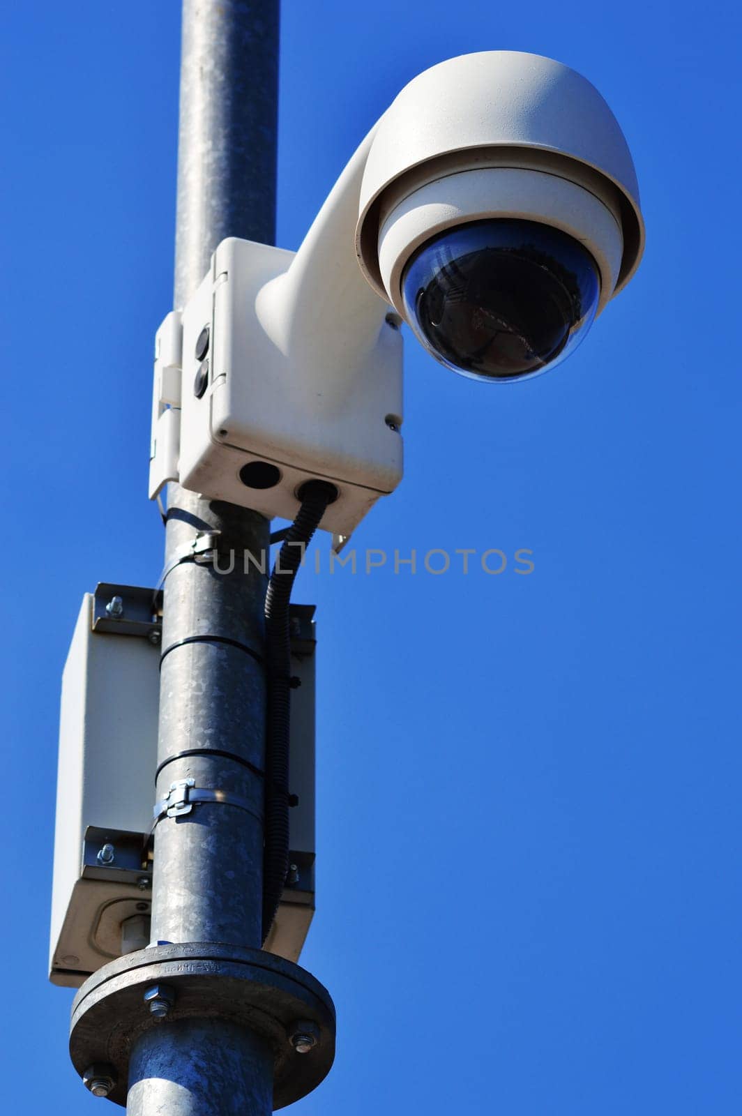 Hi-tech dome type camera over blue sky