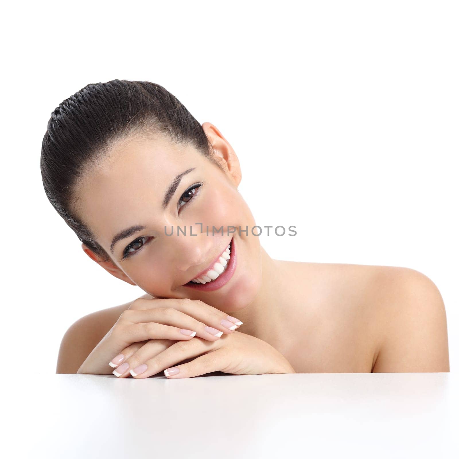 Beauty woman with perfect skin manicure and white smile isolated on a white background