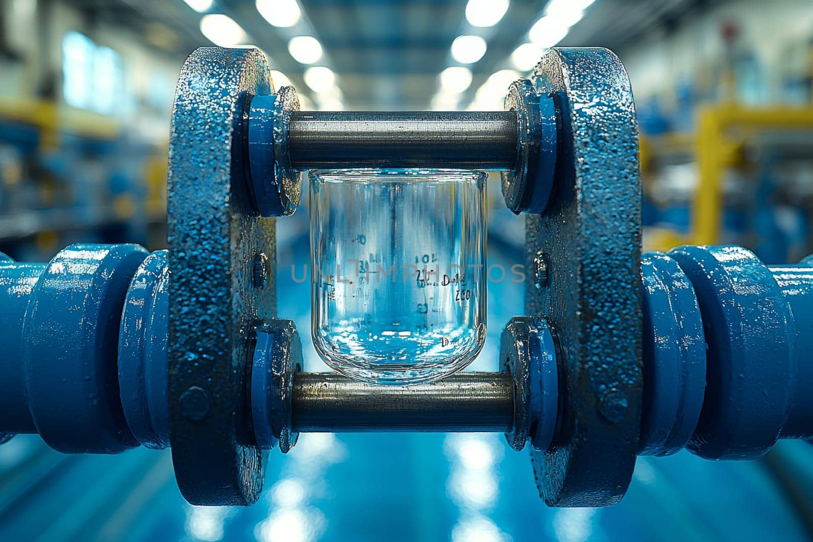 Close-up of a glass container secured between metal clamps in a vibrant manufacturing facility, highlighting safety and precision.