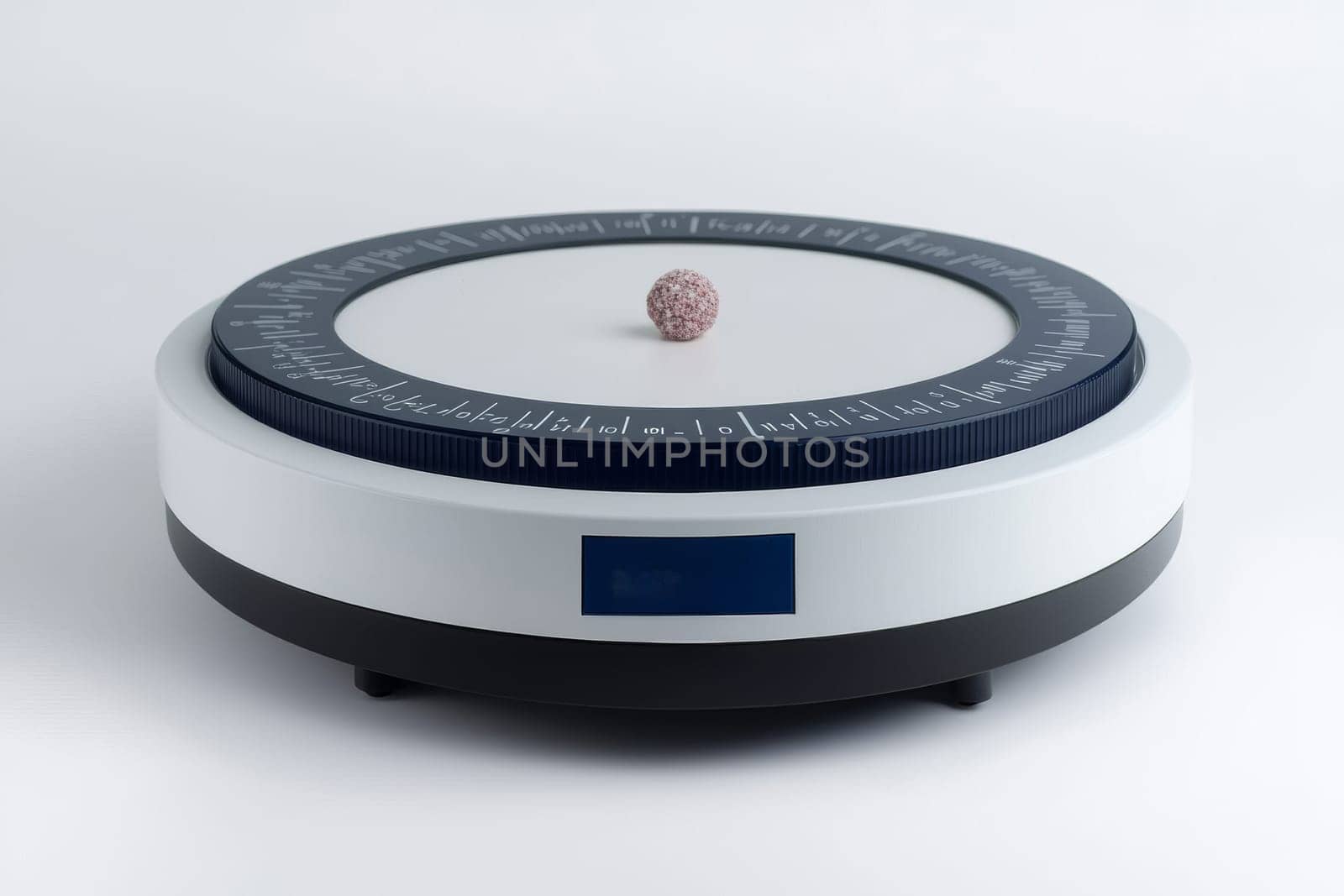 A small spherical object rests on a precision turntable while it rotates steadily in a bright and simple studio environment.