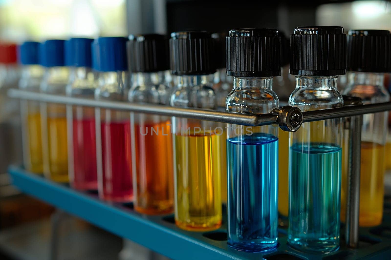 A variety of brightly colored chemical solutions fills glass vials on a laboratory rack, showcasing diverse hues under clear lighting.