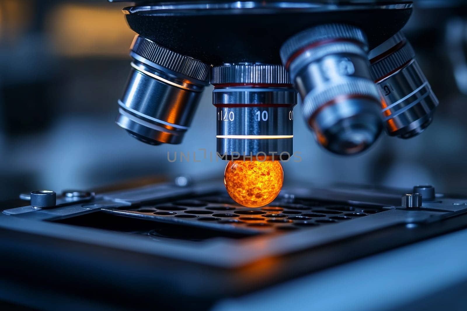 A glowing cell is examined under a microscope in a laboratory setting, showcasing intricate details and scientific exploration.