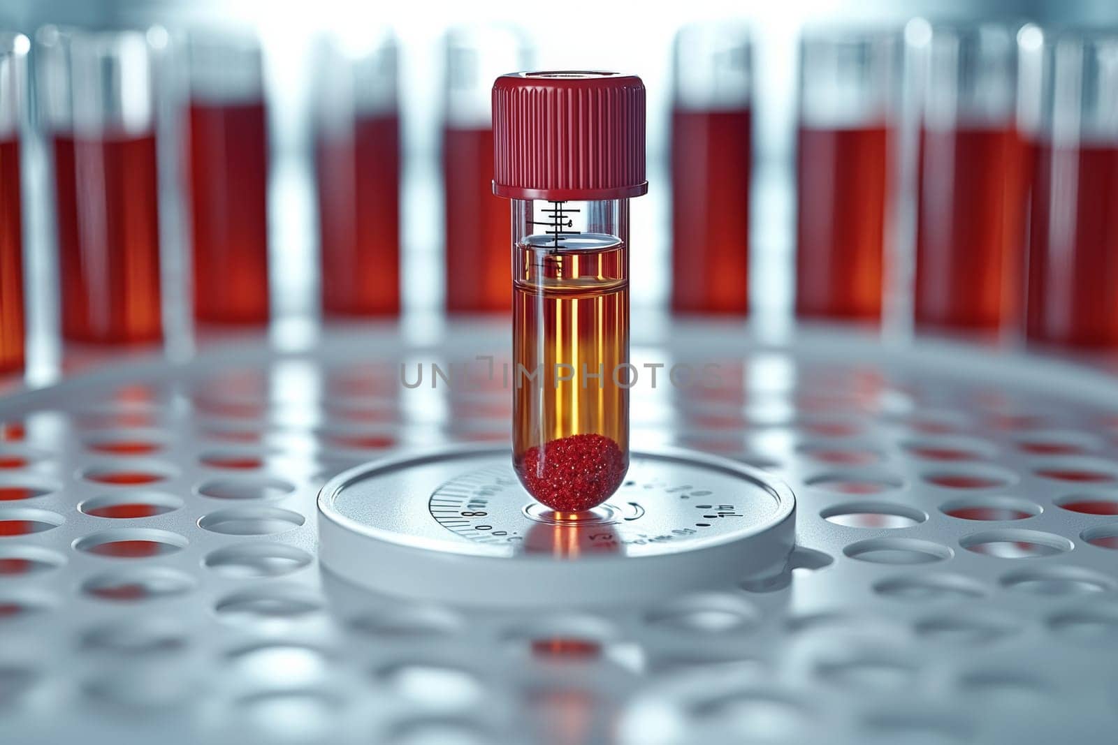 A blood sample in a test tube sits amid other red-filled tubes, suggesting a lab setting.