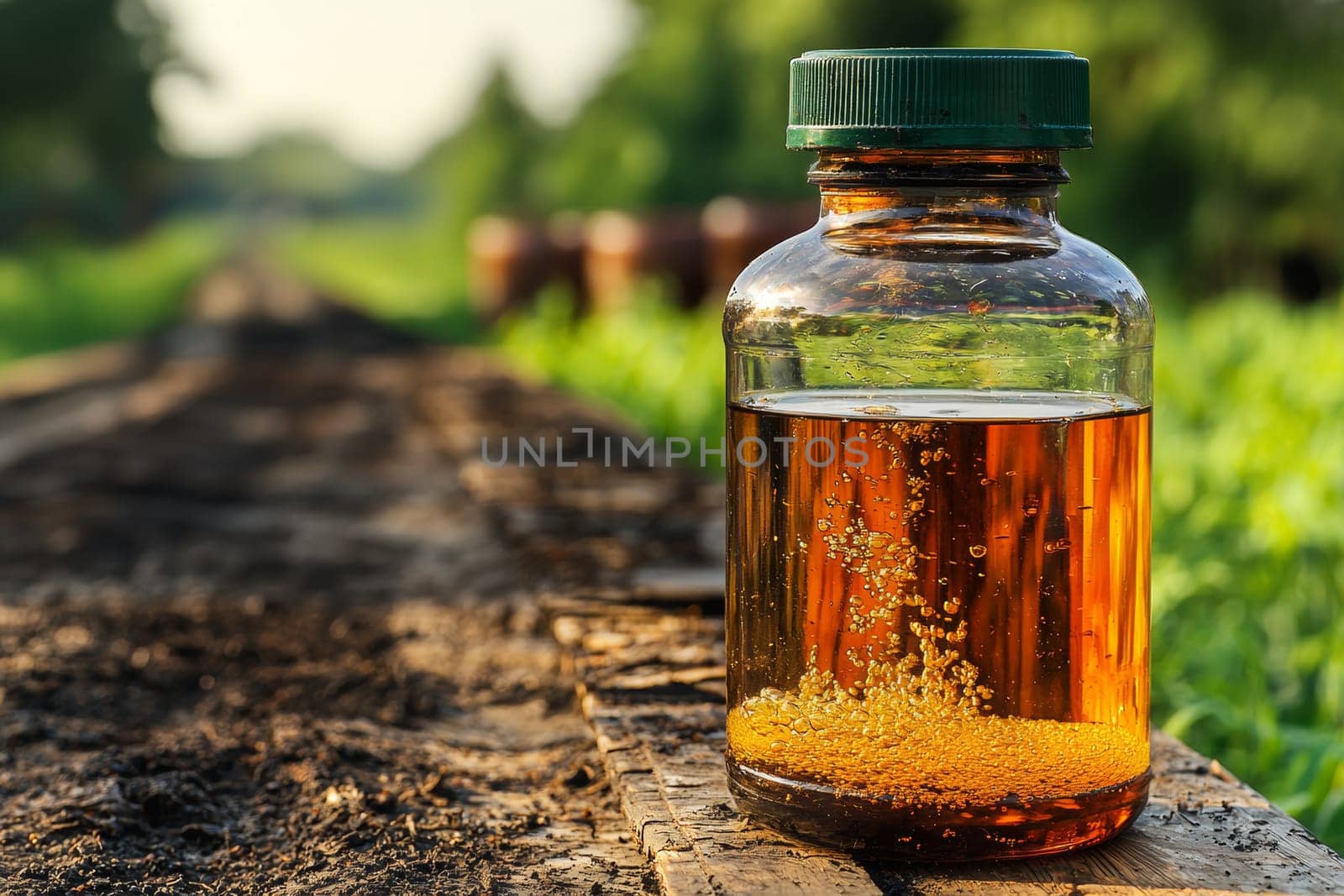 Golden liquid bubbles inside a glass container on a rustic plank near a growing field during golden hour, reflecting nature's beauty.