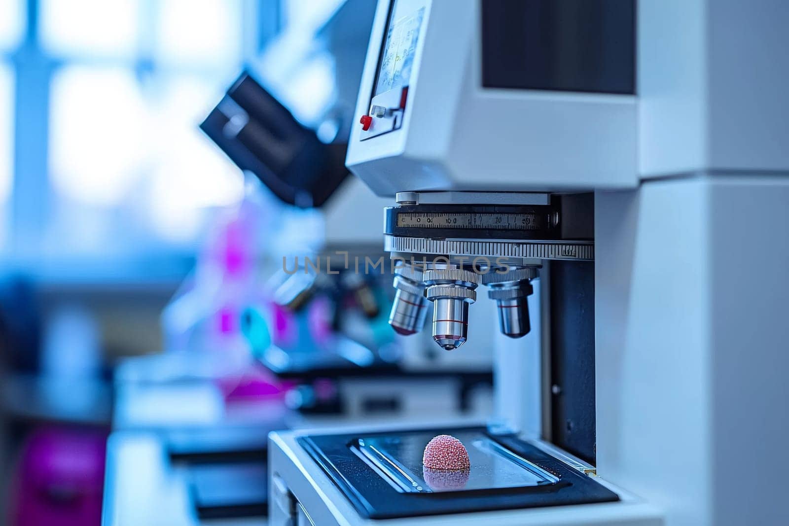 Laboratory setup features high-tech equipment closely examining a small sample, highlighting precision in scientific research.
