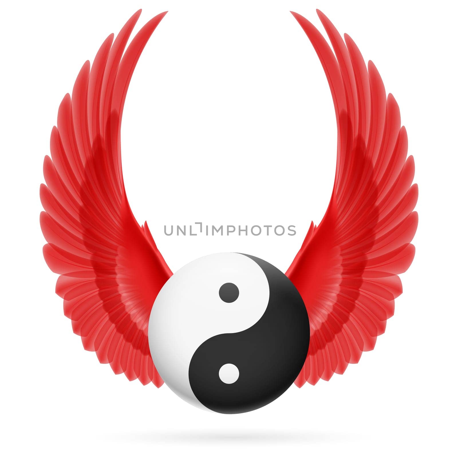 Traditional Chinese Yin-Yang symbol with raised up red wings