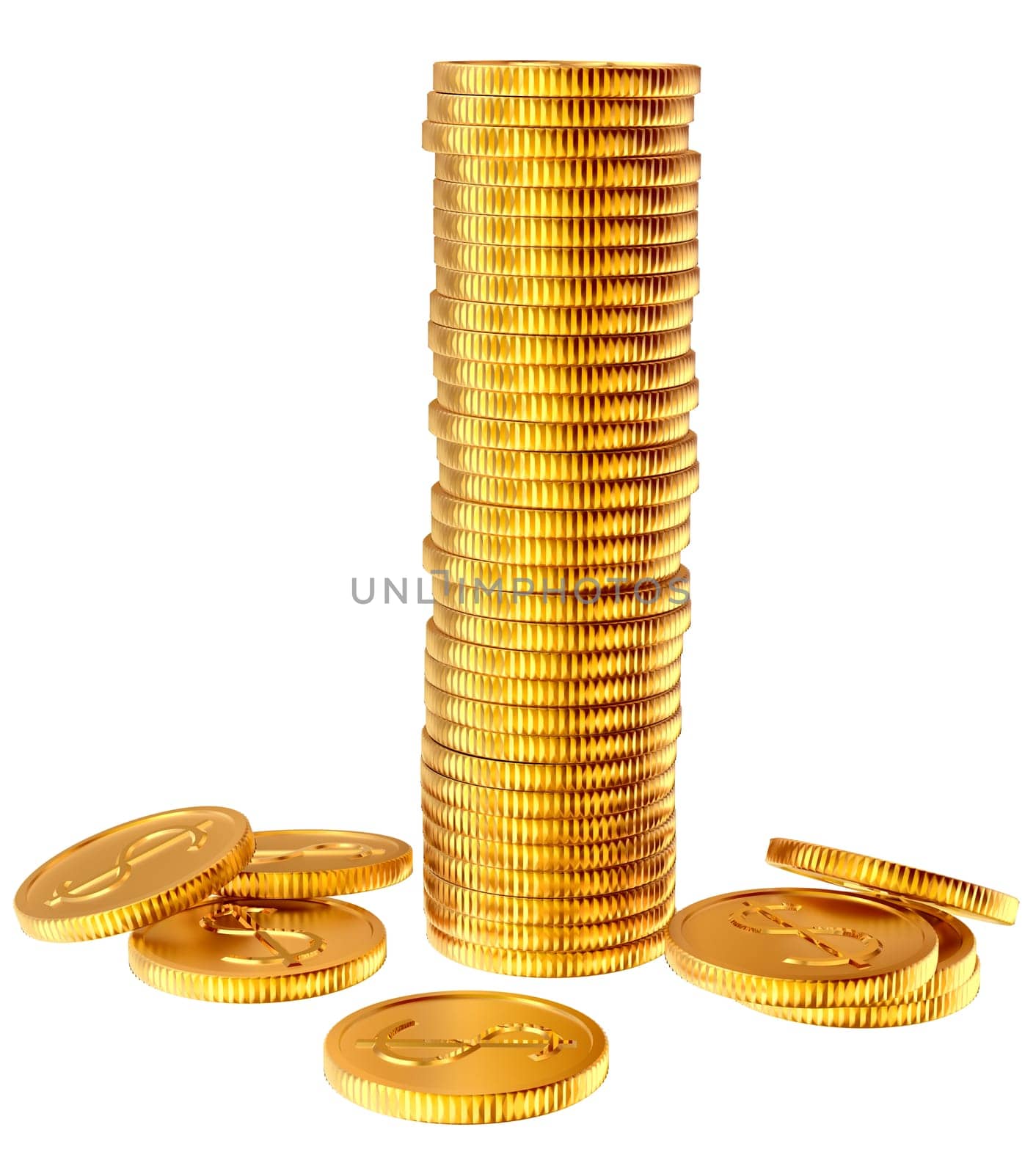Stacks of golden dollar coins on white background