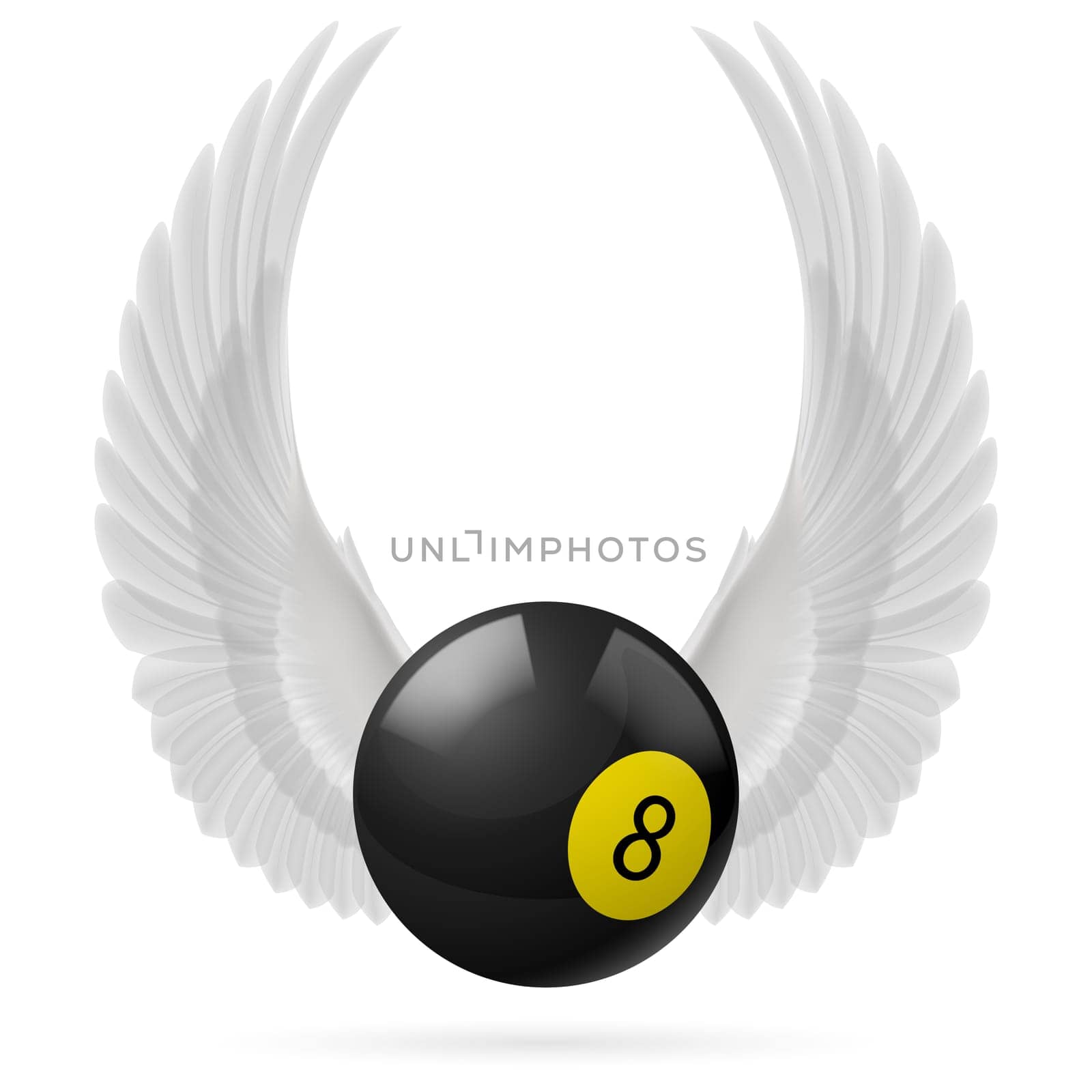 White wings with black billiard ball on the white background