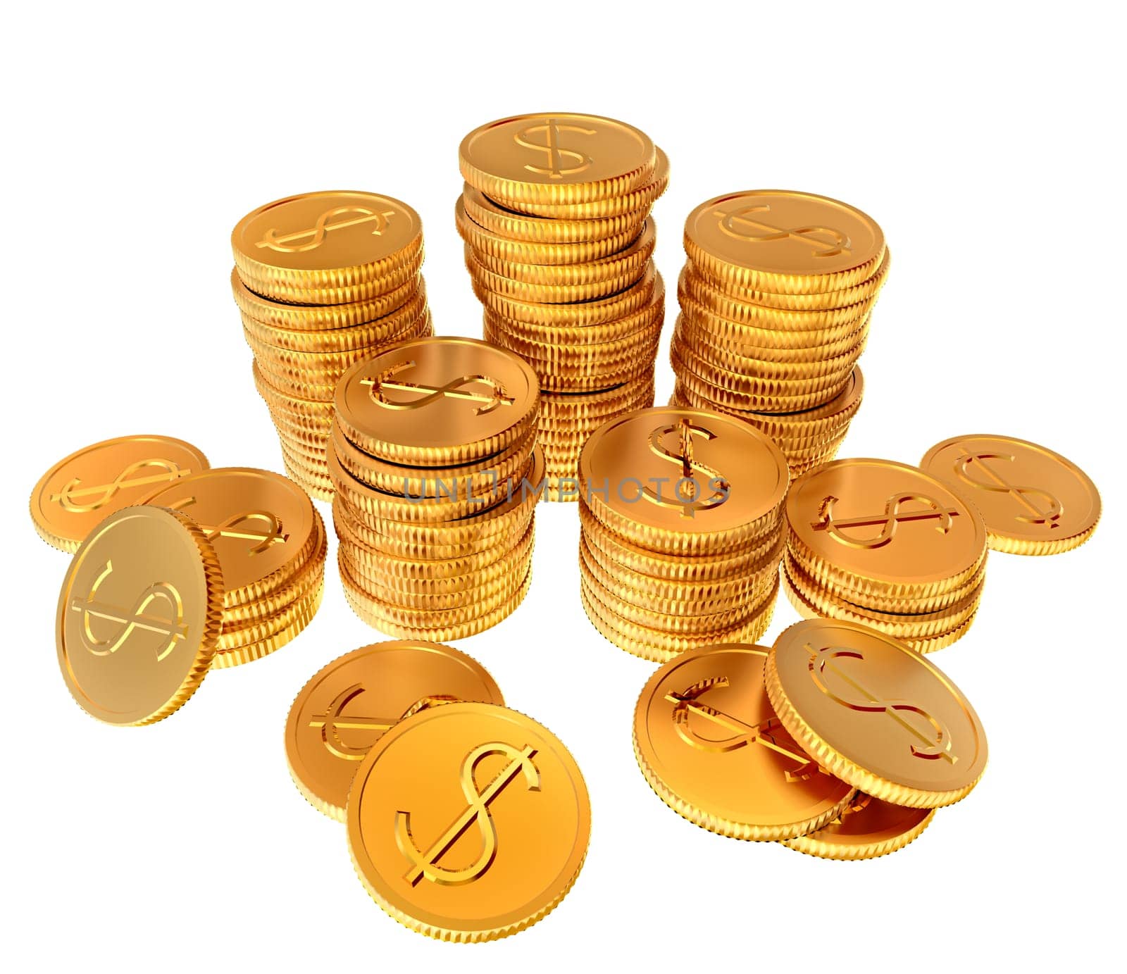 Stacks of golden dollar coins on white background