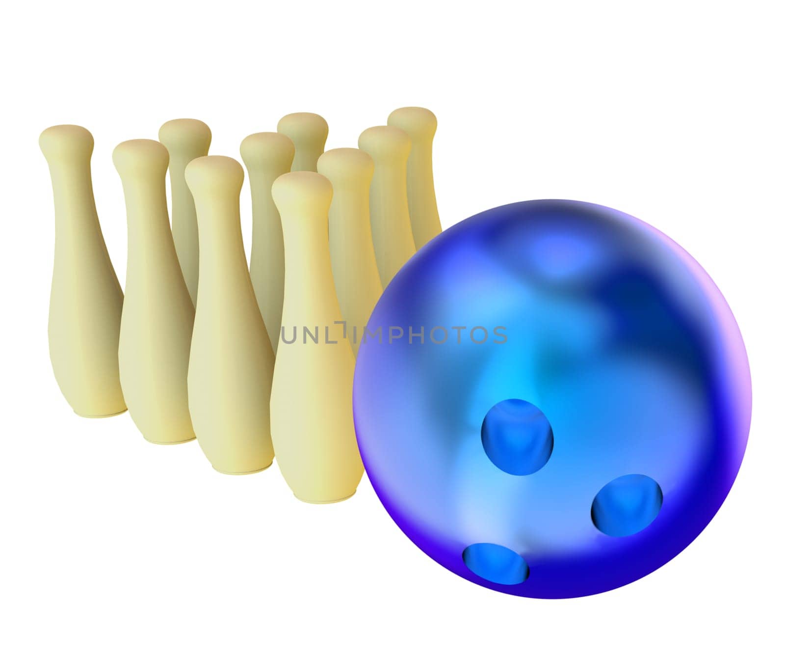 bowling ball and skittles on white background