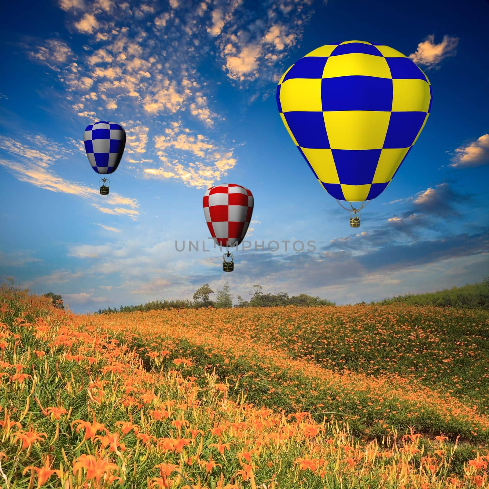 hot air balloon with green field and blue sky for adv or others purpose use