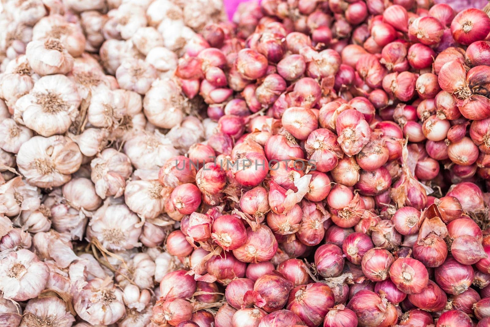 Fresh garlic and shallot on display at local market