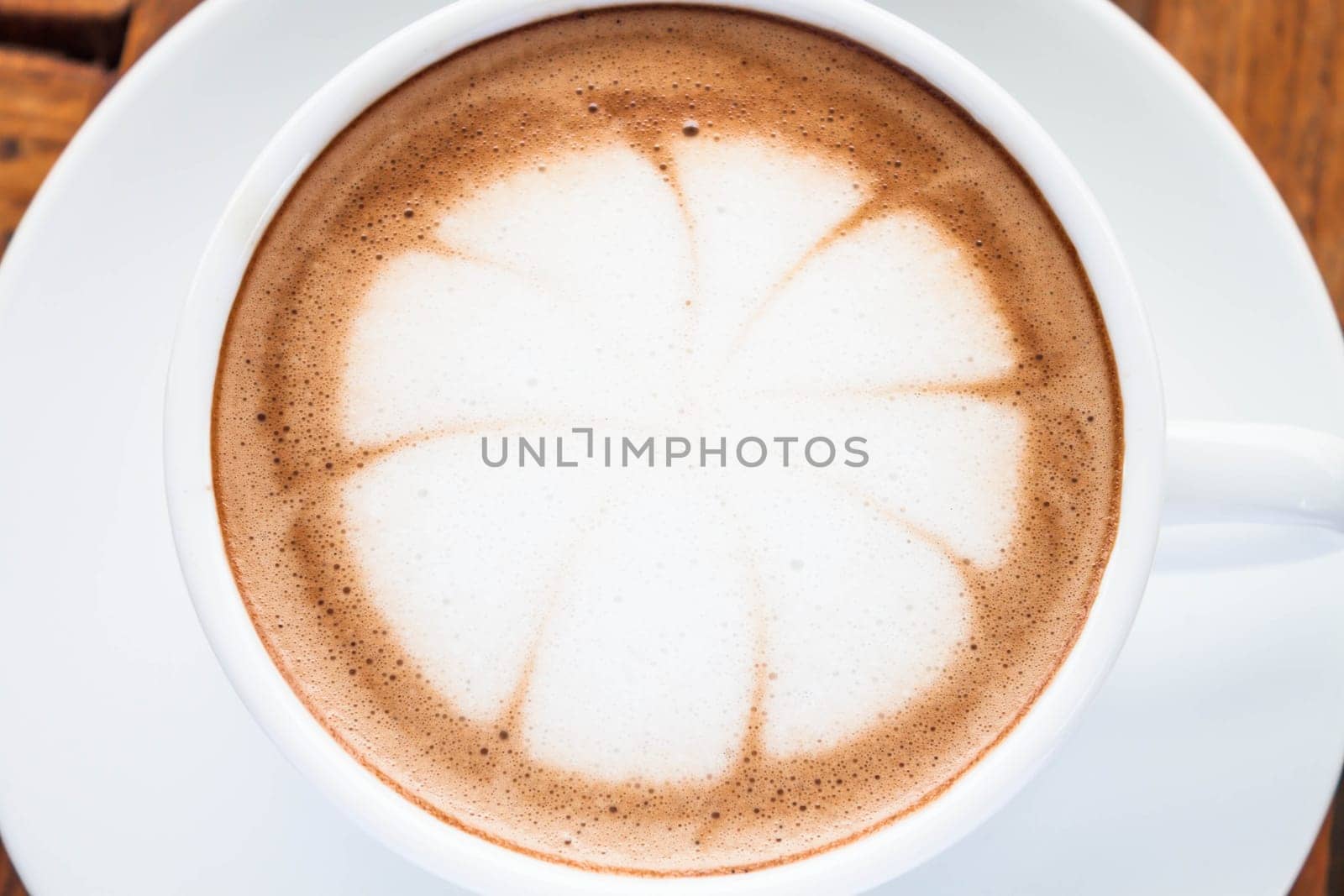 Close up hot cafe mocha in white cup