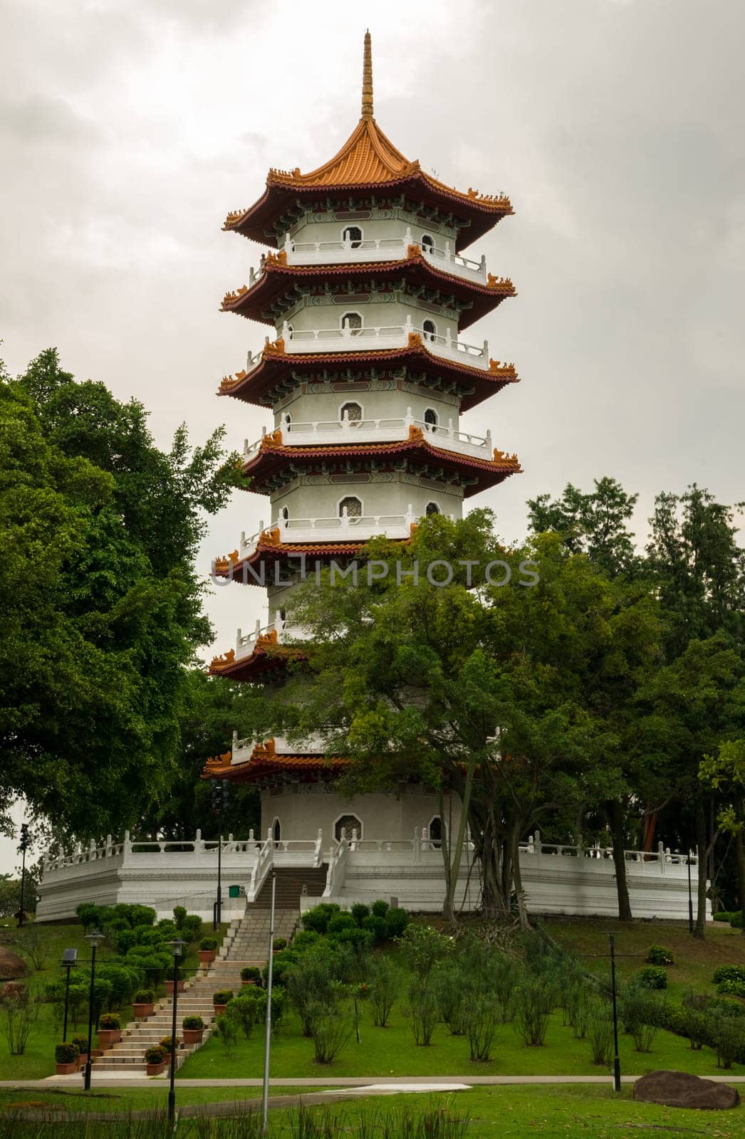 The pagoda in Singapore's Chinese Garden at a rainy day.