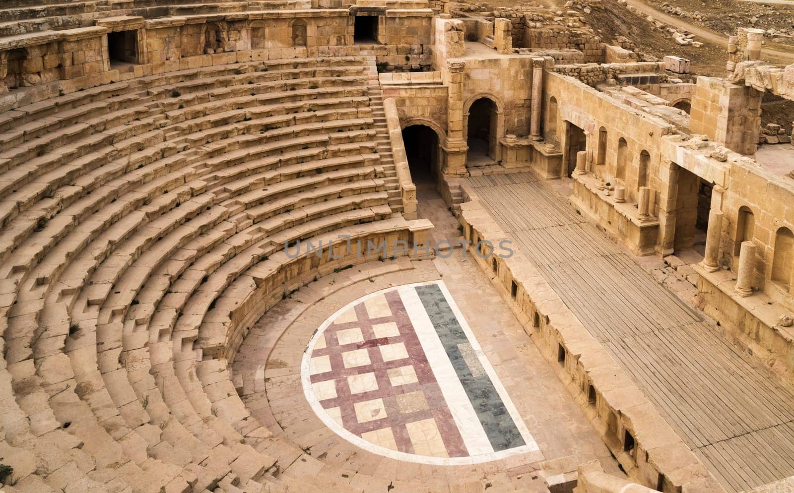 The remainings of an ancient amphitheater in the ruins of Roman Jerash in todays Jordan