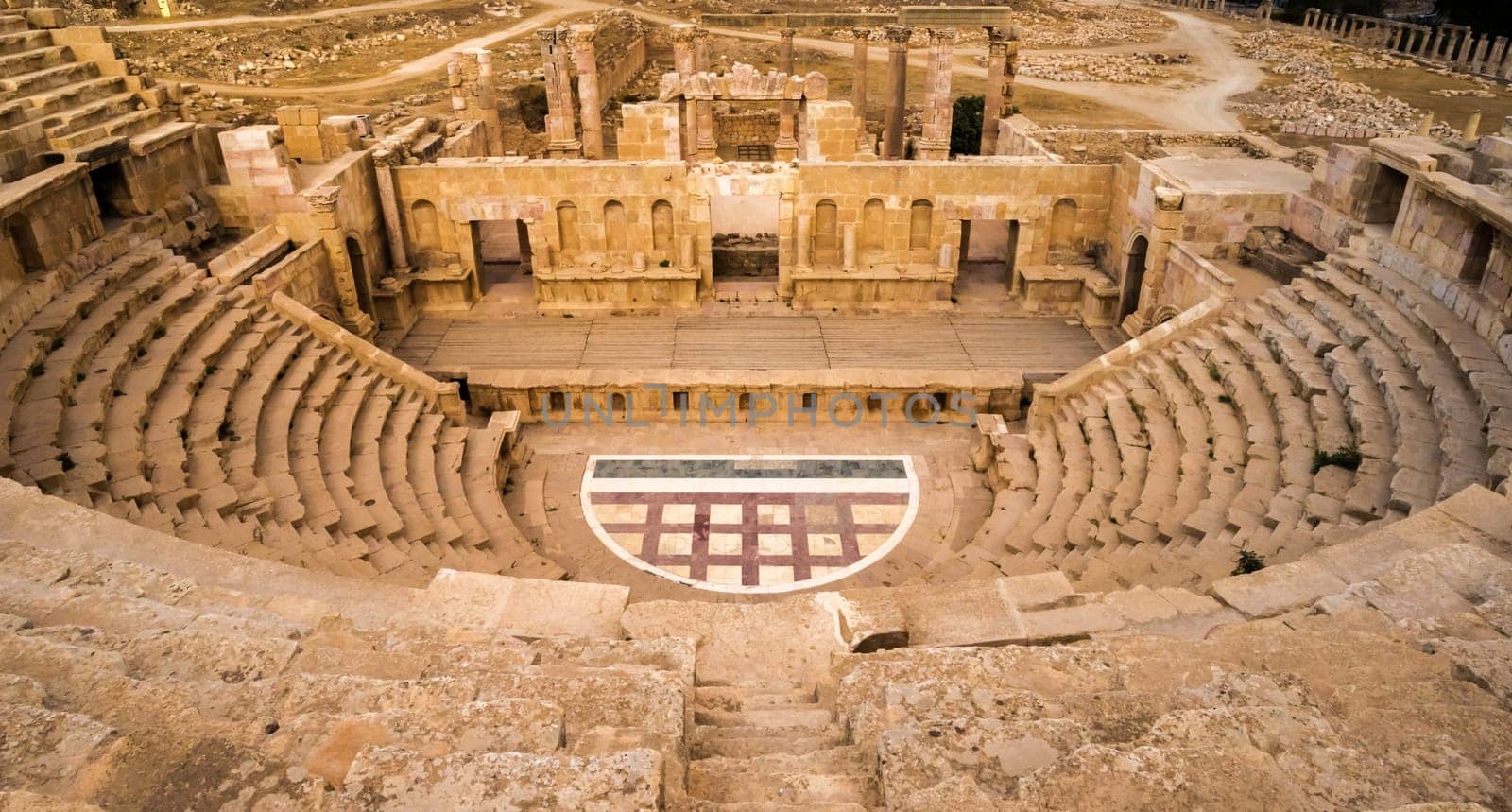 The remainings of an ancient amphitheater in the ruins of Roman Jerash in todays Jordan