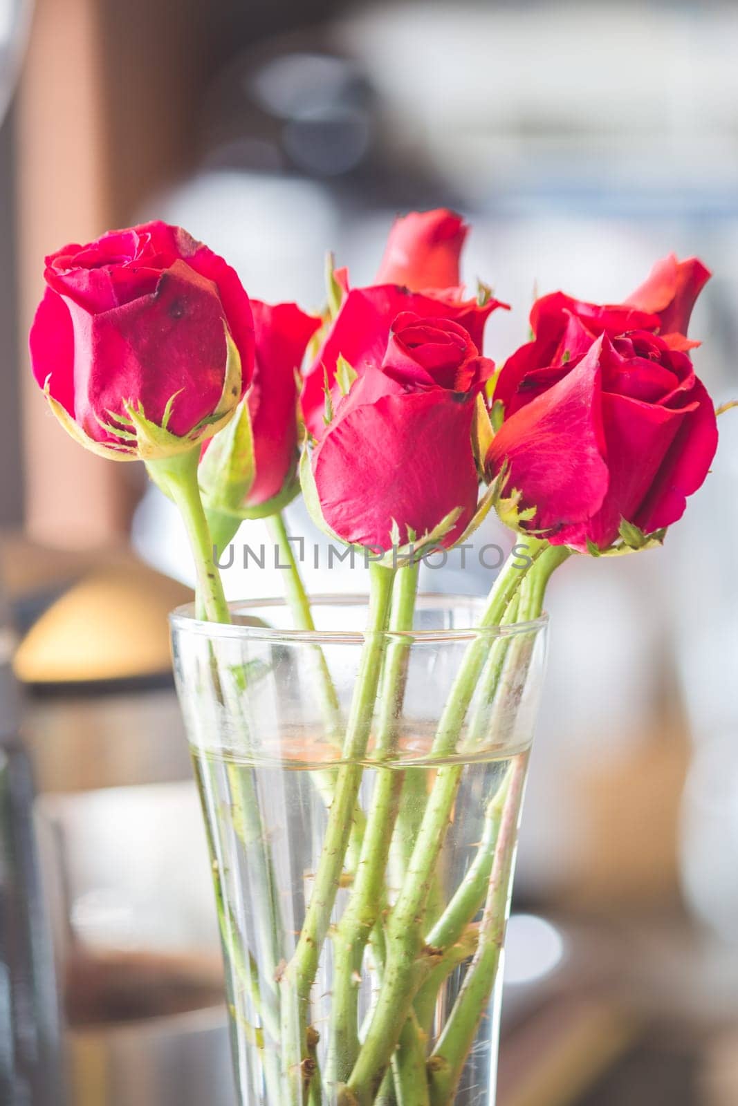 Red roses bouquet in vase, stock photo