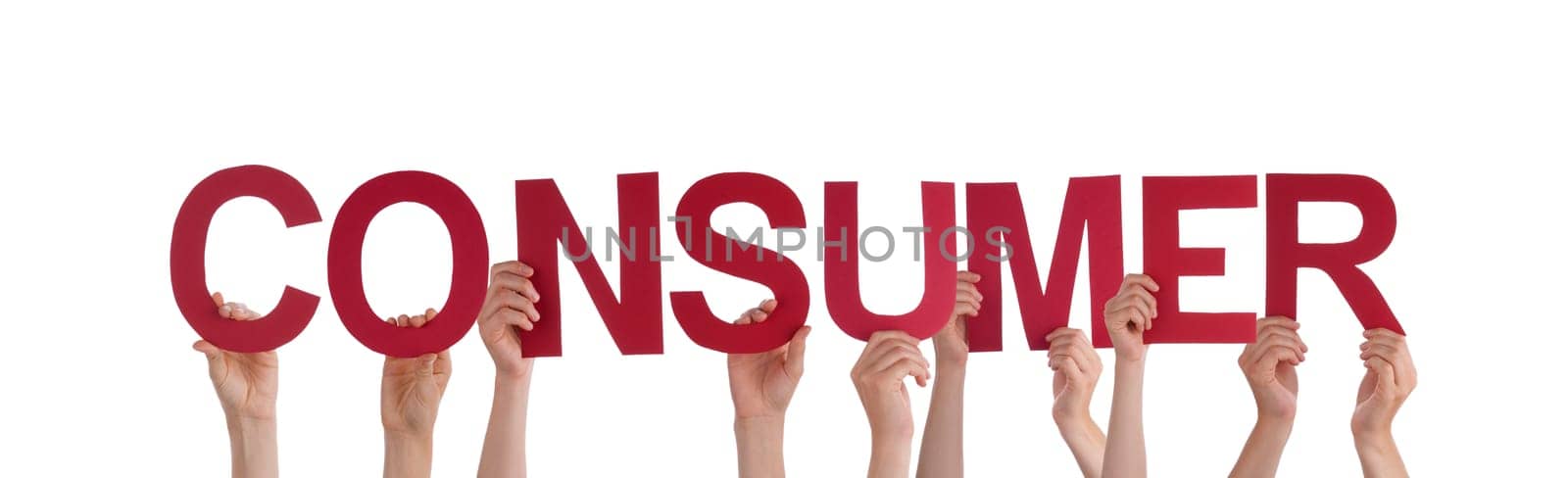 Many People Holding the Word Consumer, Isolated