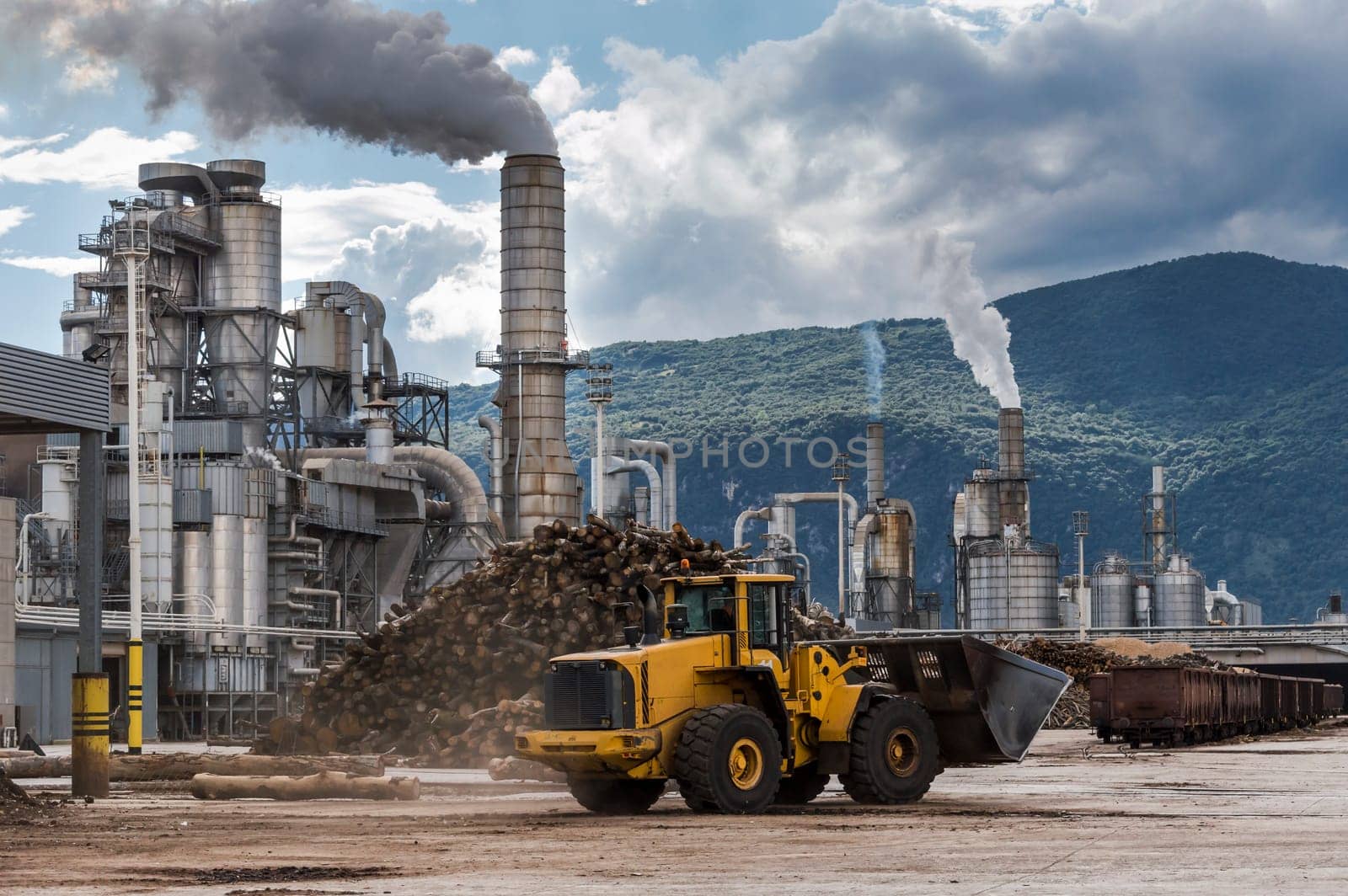 industrial scene, smoke and clouds, normal working day