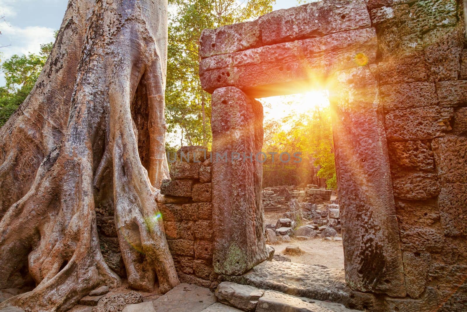 Ruins of Cambodian temple at sunset