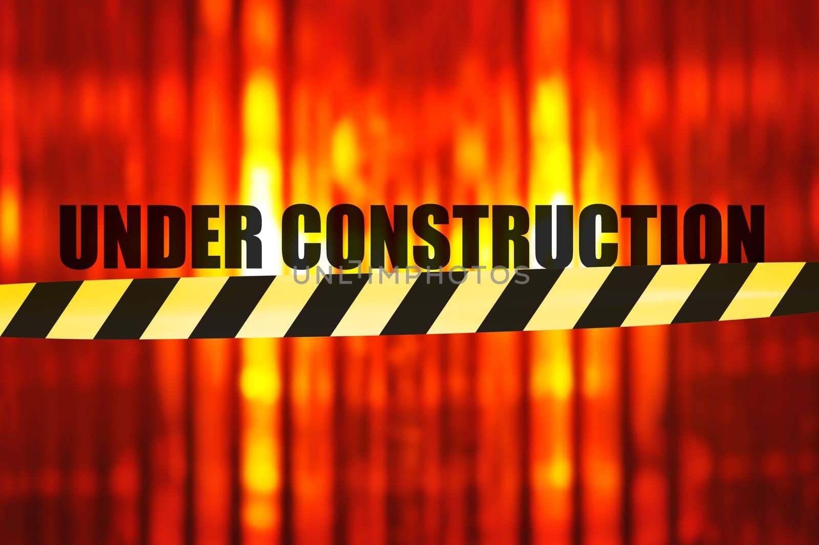 Construction site background with macro detail of an orange all-round light and shut-off tape