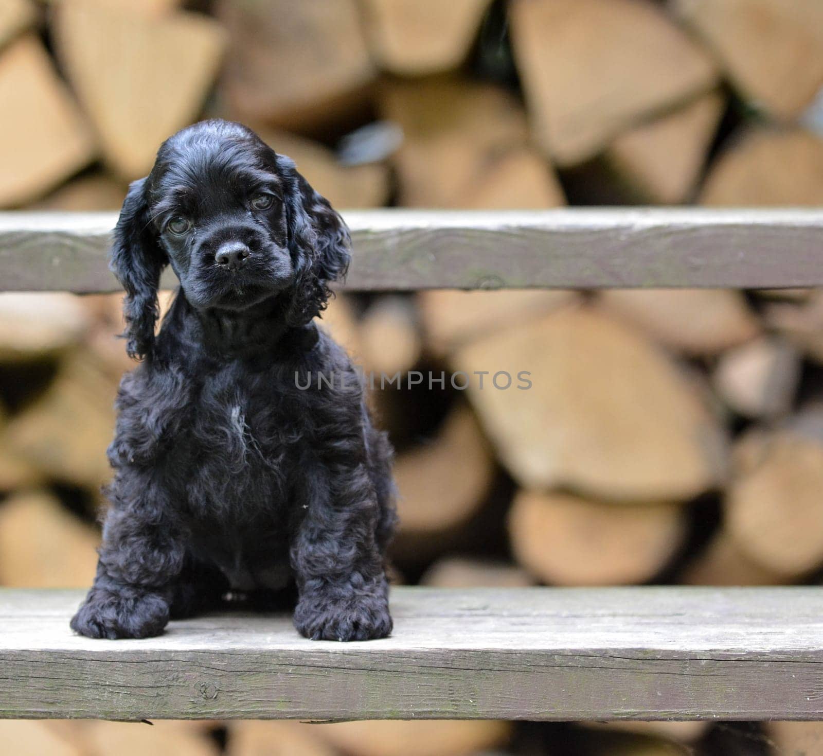 american cocker spaniel puppy sitting on riser of stairs with wood pile in the background