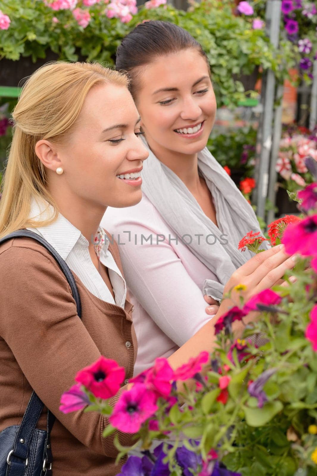Two women customers choosing colorful flowers in garden center smiling